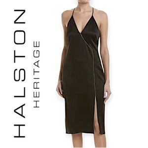 NWT Halston Heritage Black Satin Slip Dress with Sliver Seam Detail Size 2